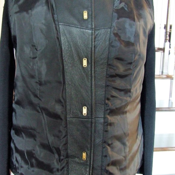 Black Quilted Leather Jacket Cardigan Sweater Channel Style by Nygard Collection - Picture 5 of 8